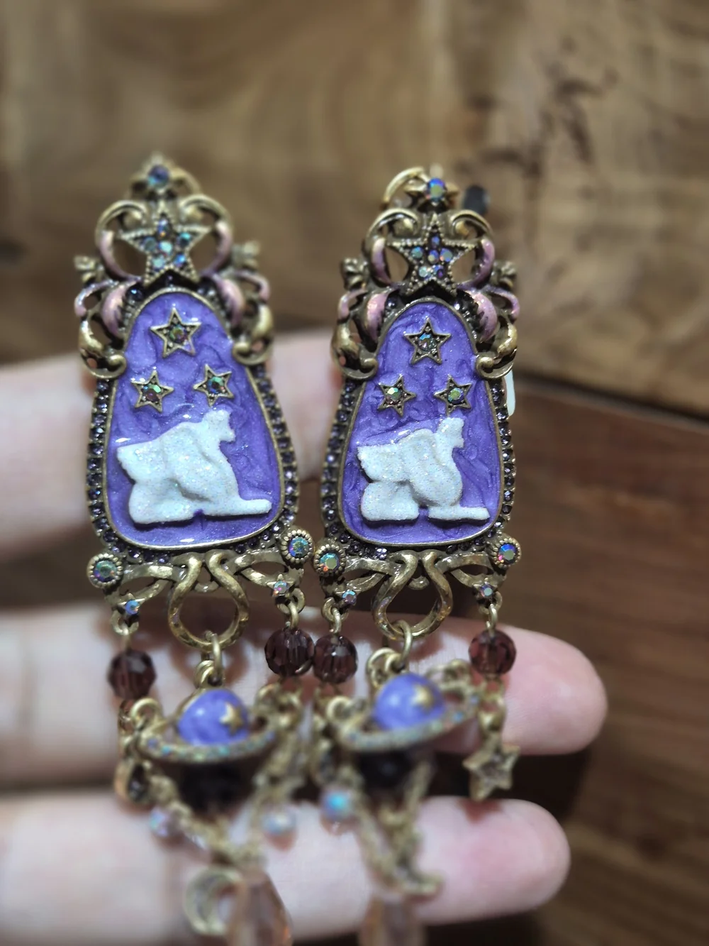 Purple Celestial Goat Drop Earrings with Gold Accents